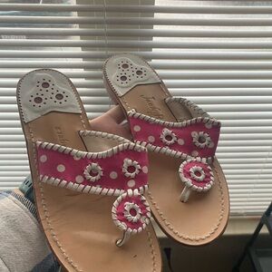 Jack Rogers Pink and White Polka Dot Leather Toe-Ring Sandals